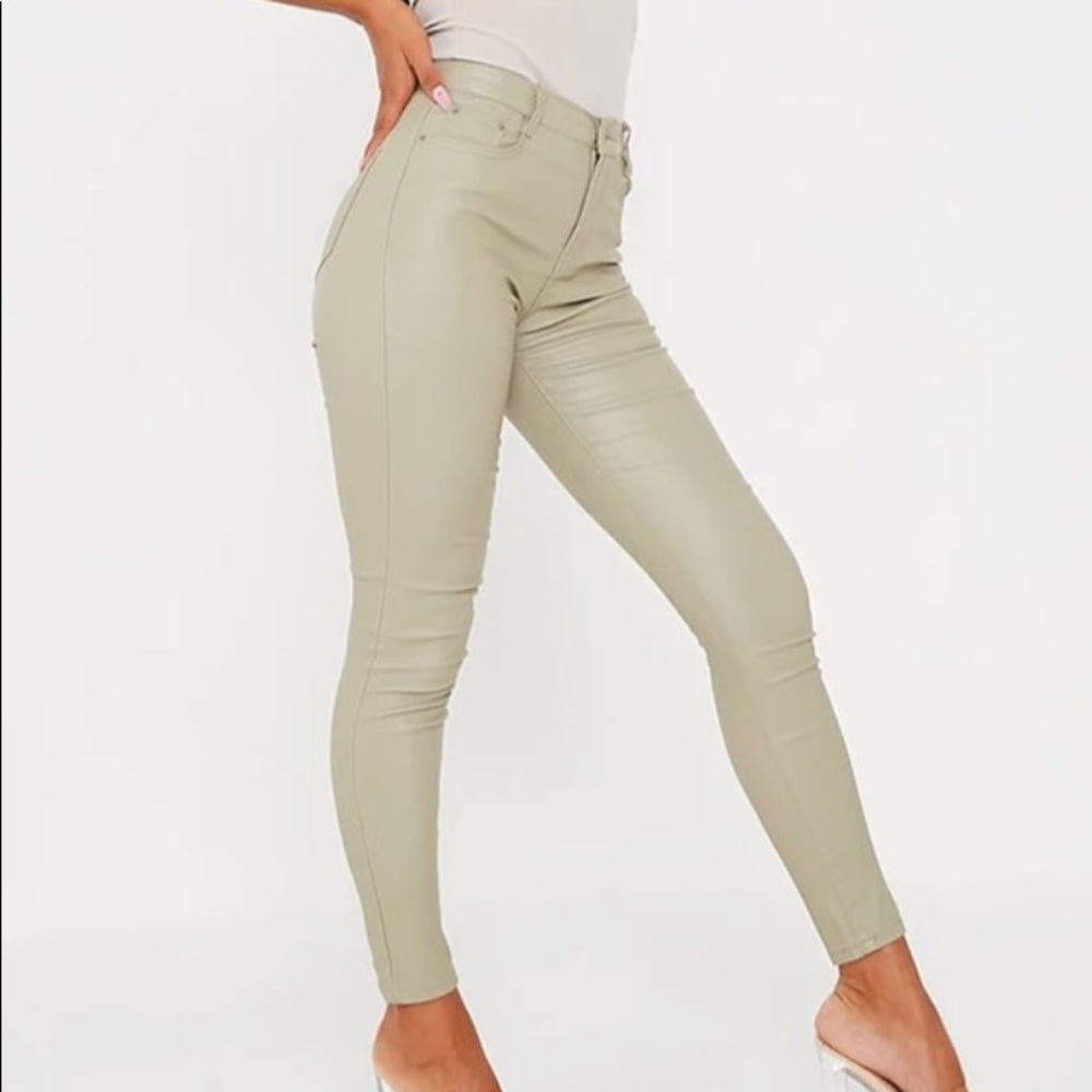Olive Green 5 Pocket Coated Denim Skinny Jeans